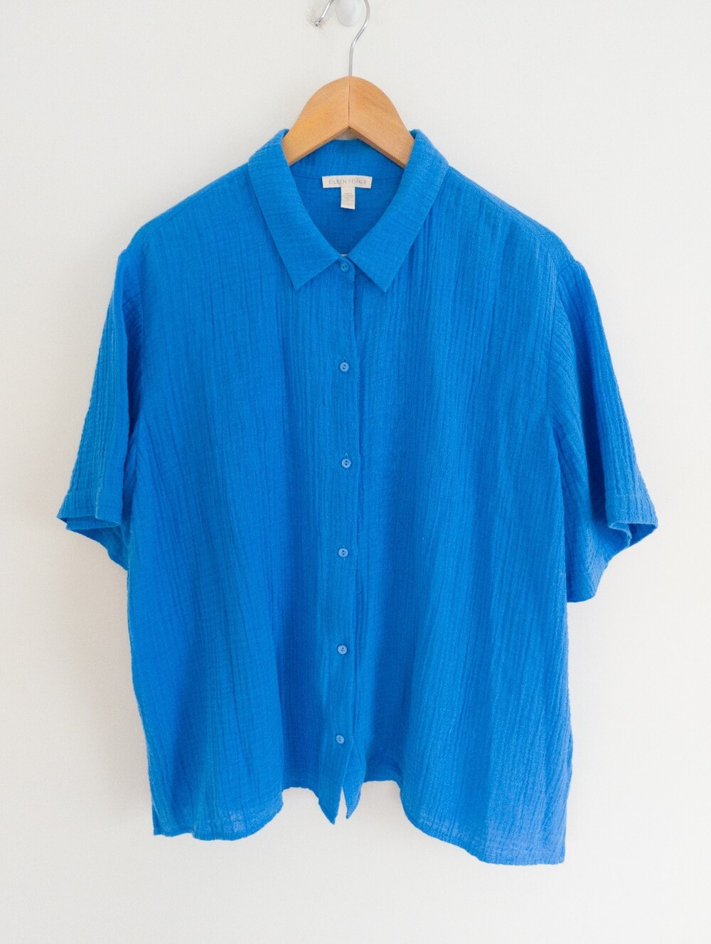 Eileen Fisher Organic Cotton Gauze Short Sleeve Shirt Blue XL Lagenlook